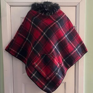 Plaid Red and Black Poncho with Faux Fur Collar